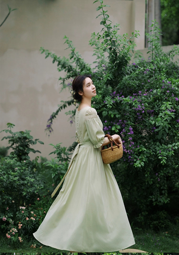 Mori Kei Dress Elegant Dress Matcha Green Lace Trim Dress 36344:547184