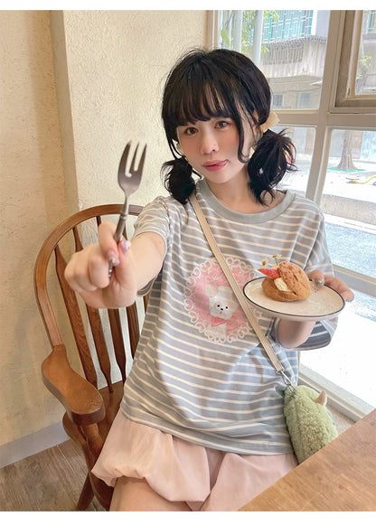 Kawaii Aesthetic Shirt Striped Short Sleeve Cotton Top 36562:518460