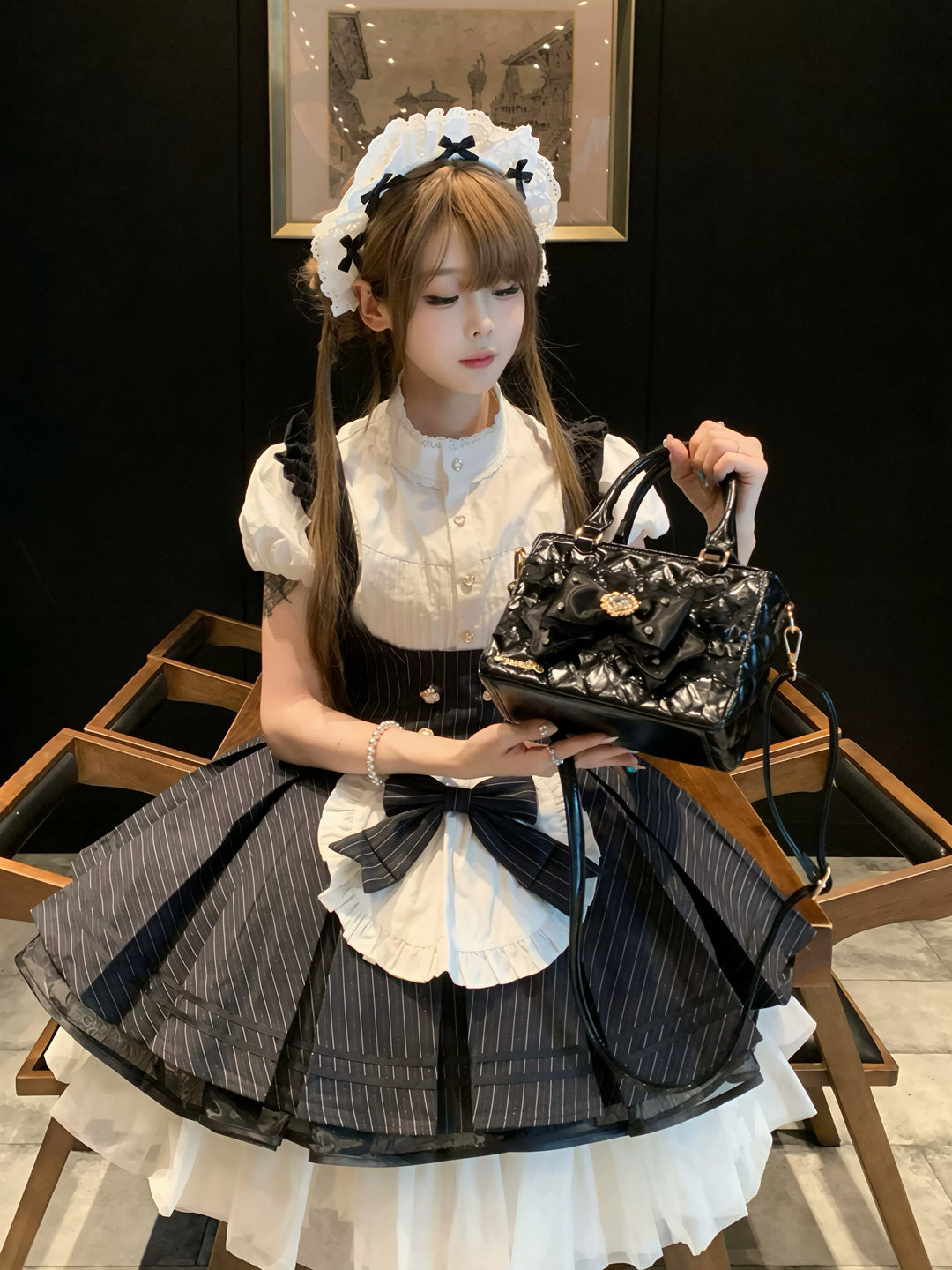 Ryousangata Square Handbag, Lace Bow & Diamond Quilting 45754:862783