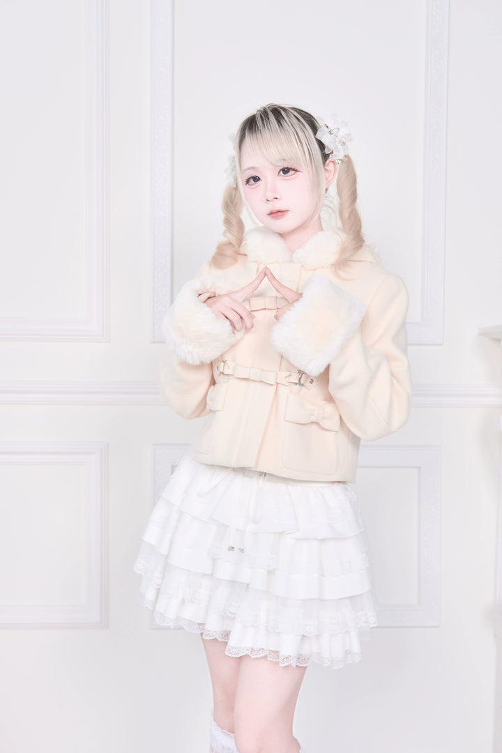 Hooded Rousangata Short Coat, Detachable Plush Cuffs 44116:796407