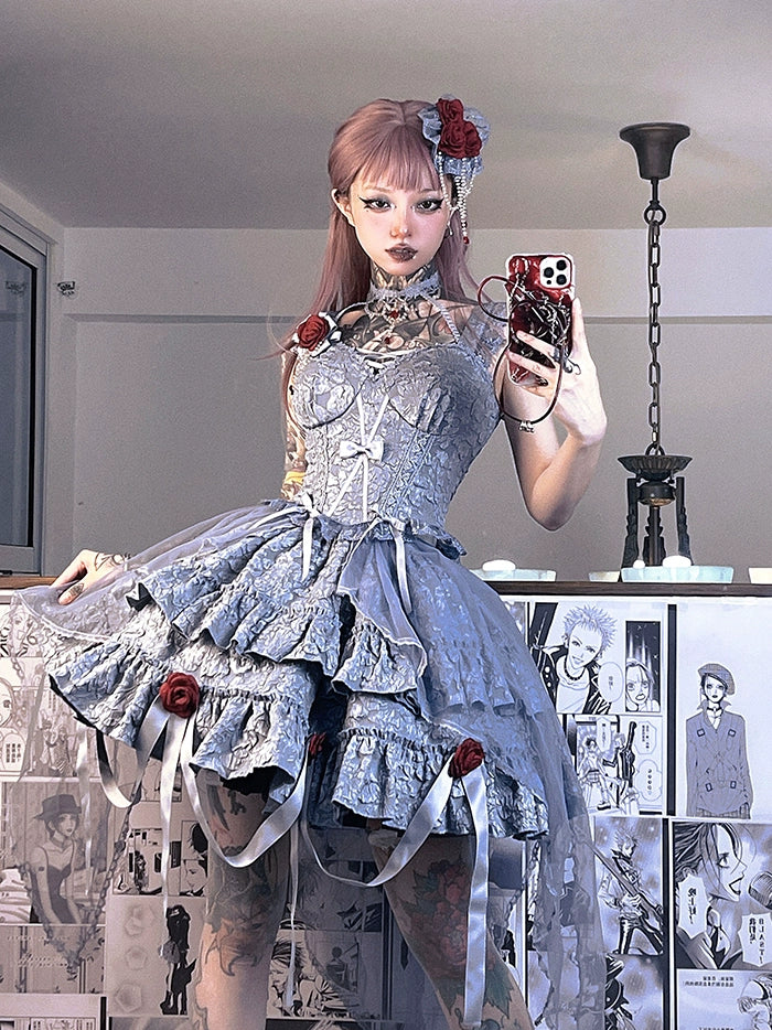 Gothic Lolita SK Set Blood Rose Skirt Corset Multicolor 35684:498382