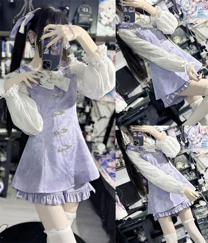 Jirai Kei Dress Long Lace Sleeve Petal Collar Chinese Style Dress Set 34506:512472