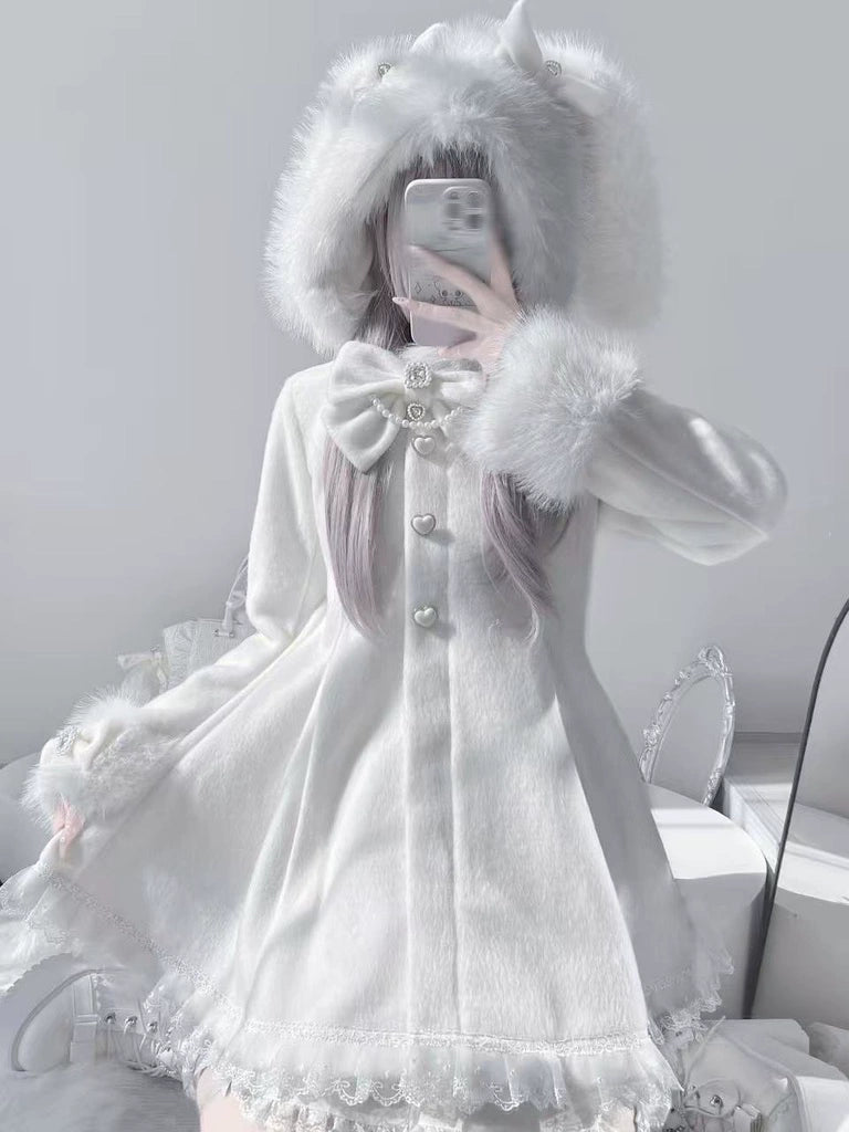 Wool-Blend Jirai Kei Coat, Bunny Ear Hood and Bows 44013:793012