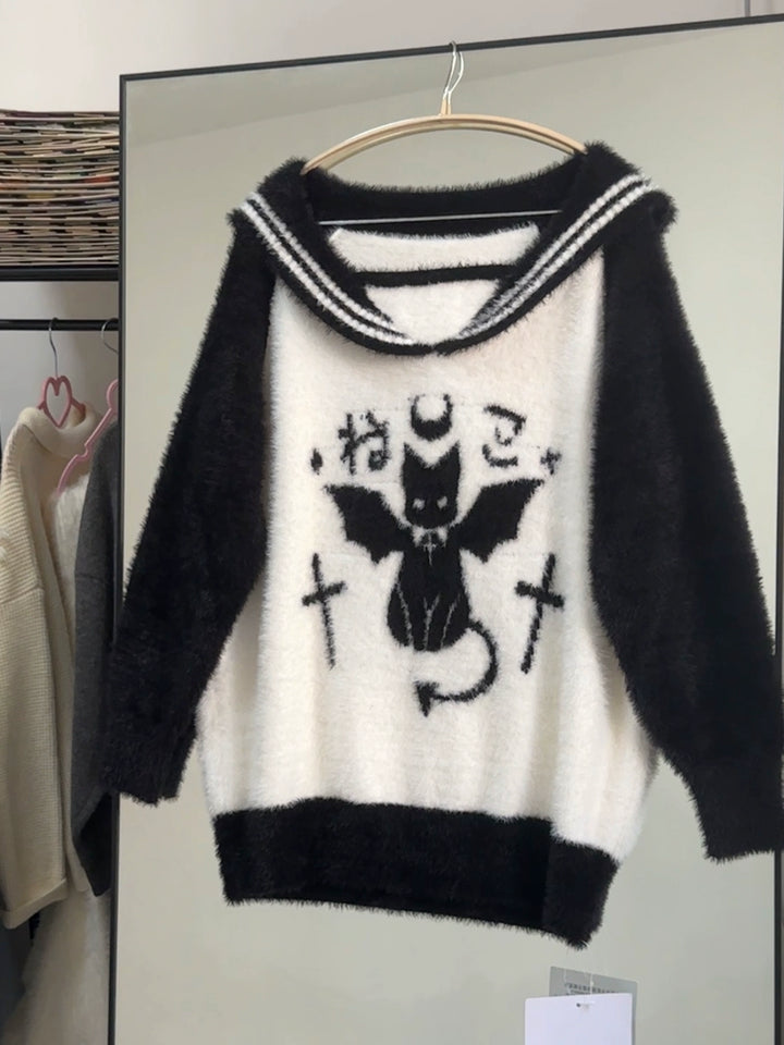 Jirai Kei Sweater Black White Devil Cat Sailor Collar Sweater 32632:409704 32632:409704