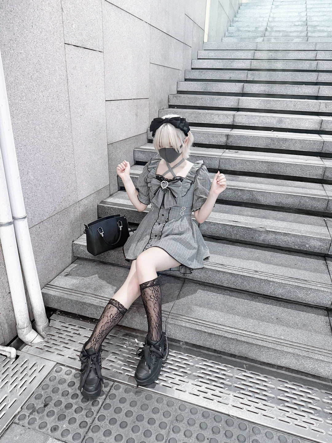 Plaid Jirai Kei Dress Set, Halter Neck, High Waist 43555:779697