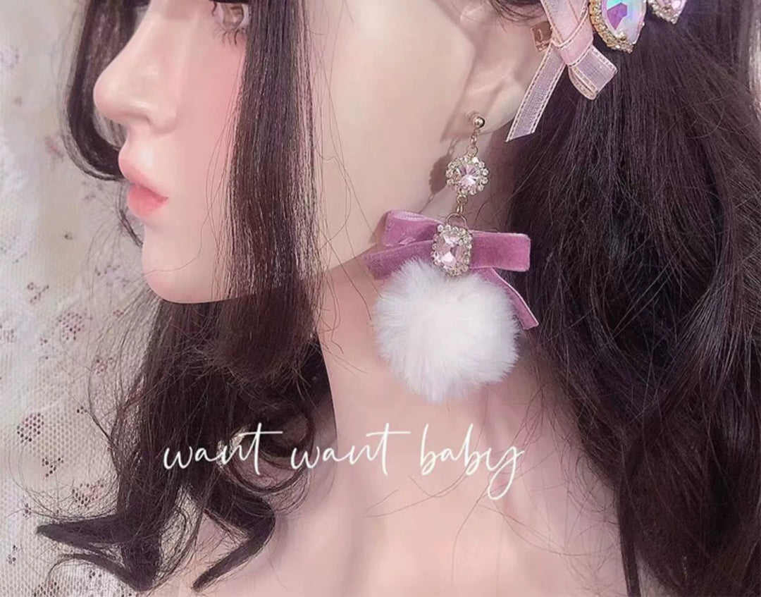 Jirai Kei Earrings Velvet Bow Ear Hook Plush Ball Ear Clip 38880:613260