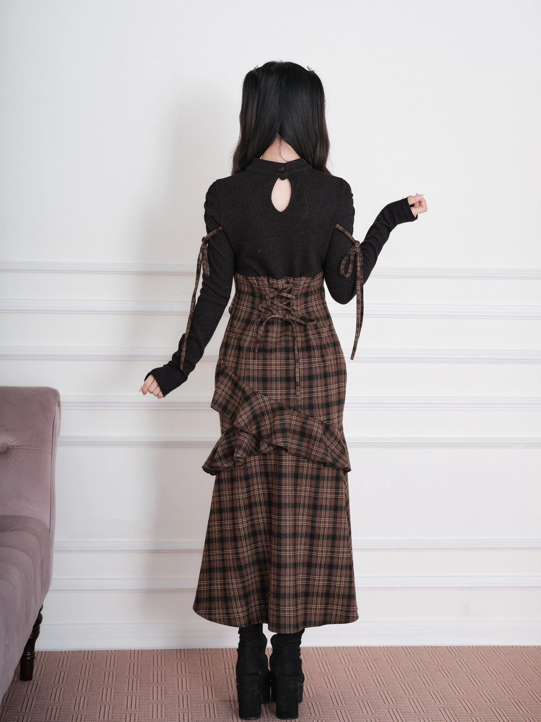 Jirai Kei Plaid Dress, Chest Cutout & Flounce Slit Hem 45956:869346