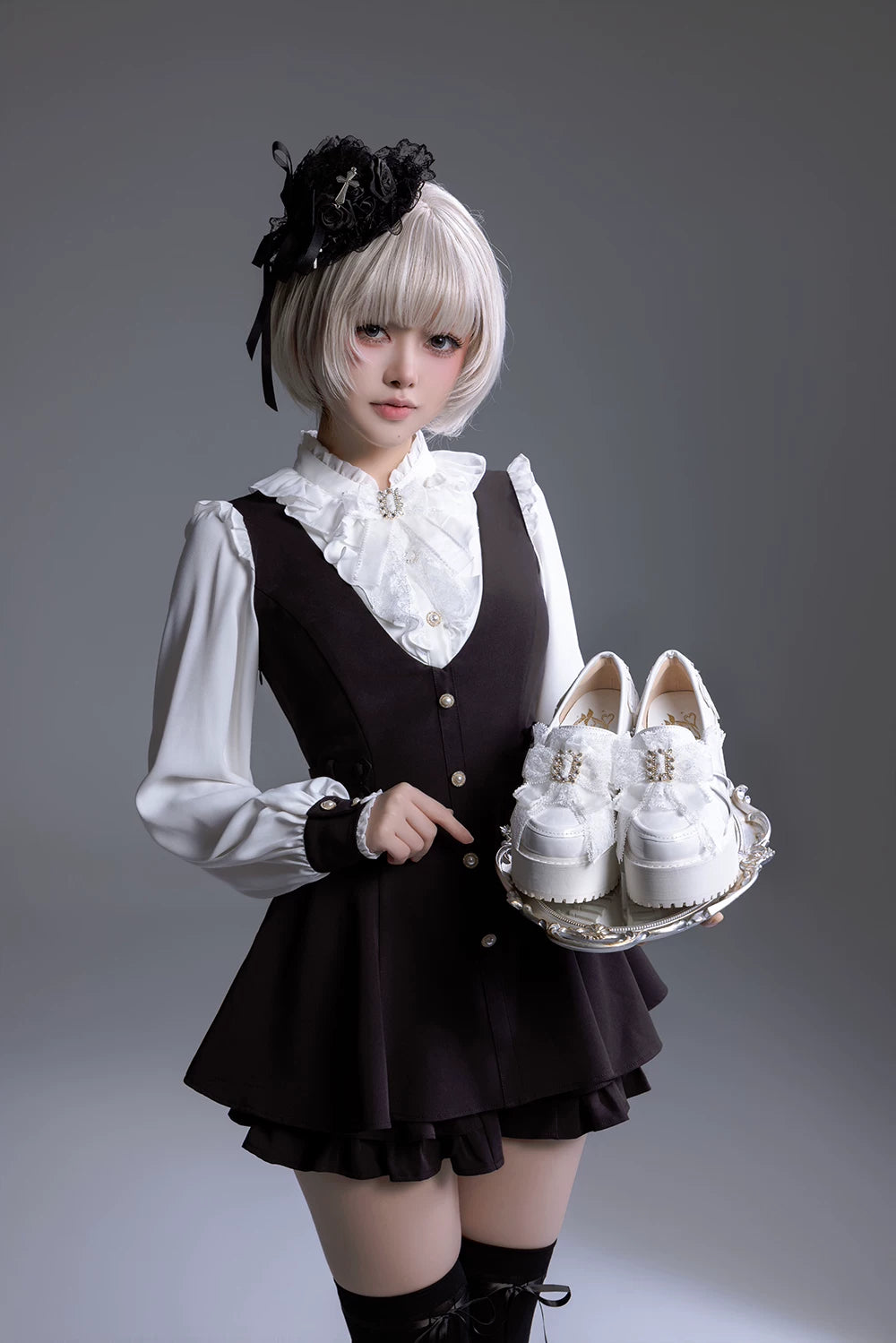 Black/White Jirai Kei Platform High Heel Shoes, Lace Bow 45952:872965
