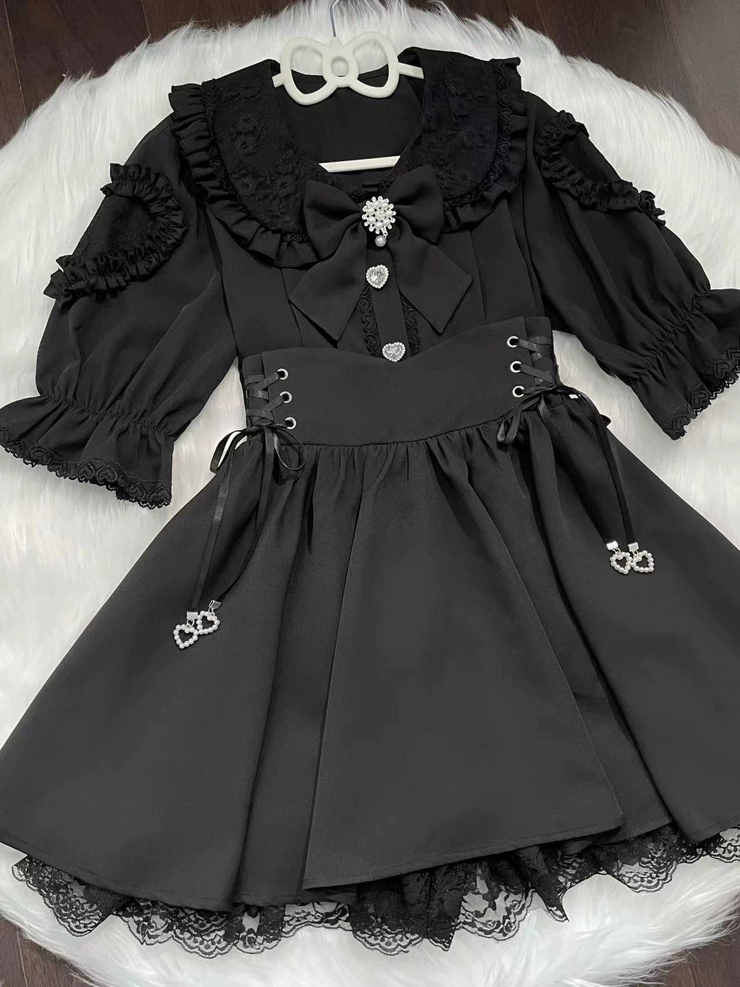 Jirai Kei Lace Collar Blouse Black Lace Up Skirt 38782:602326