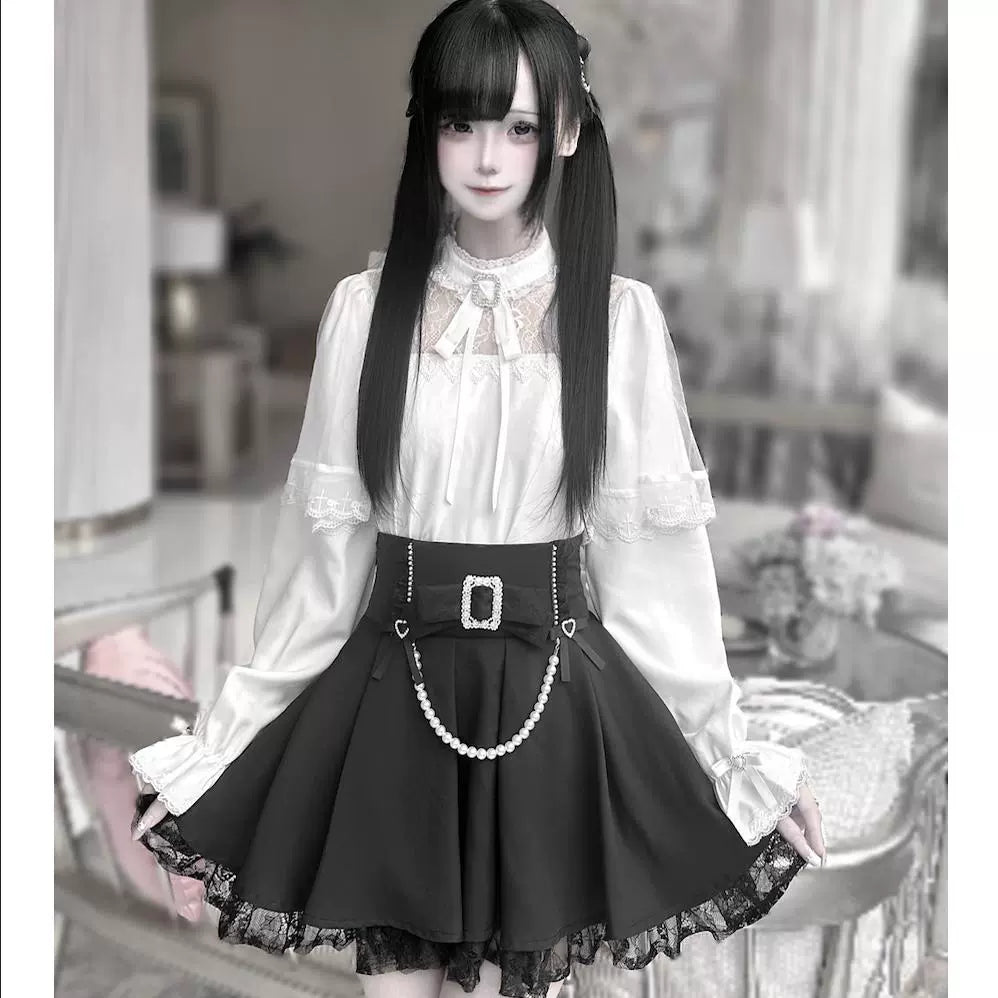 Jirai Kei Shirt Hollow-Out Lace Blouse Black Pearl Chain Skirt (L M XL) 42163:729278