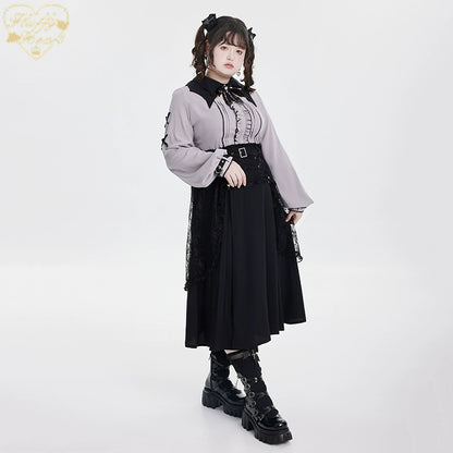 Jirai Kei Black Skirt Double Layer Long A-line Skirt 31468:366476