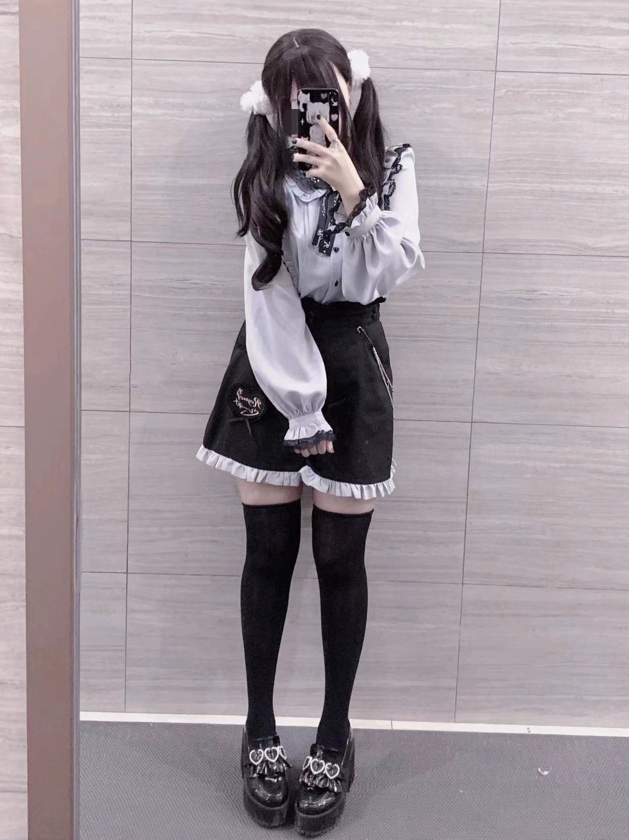 Jirai Kei Lace Collar Long Short Sleeve Blouse and Shorts 21648:314904