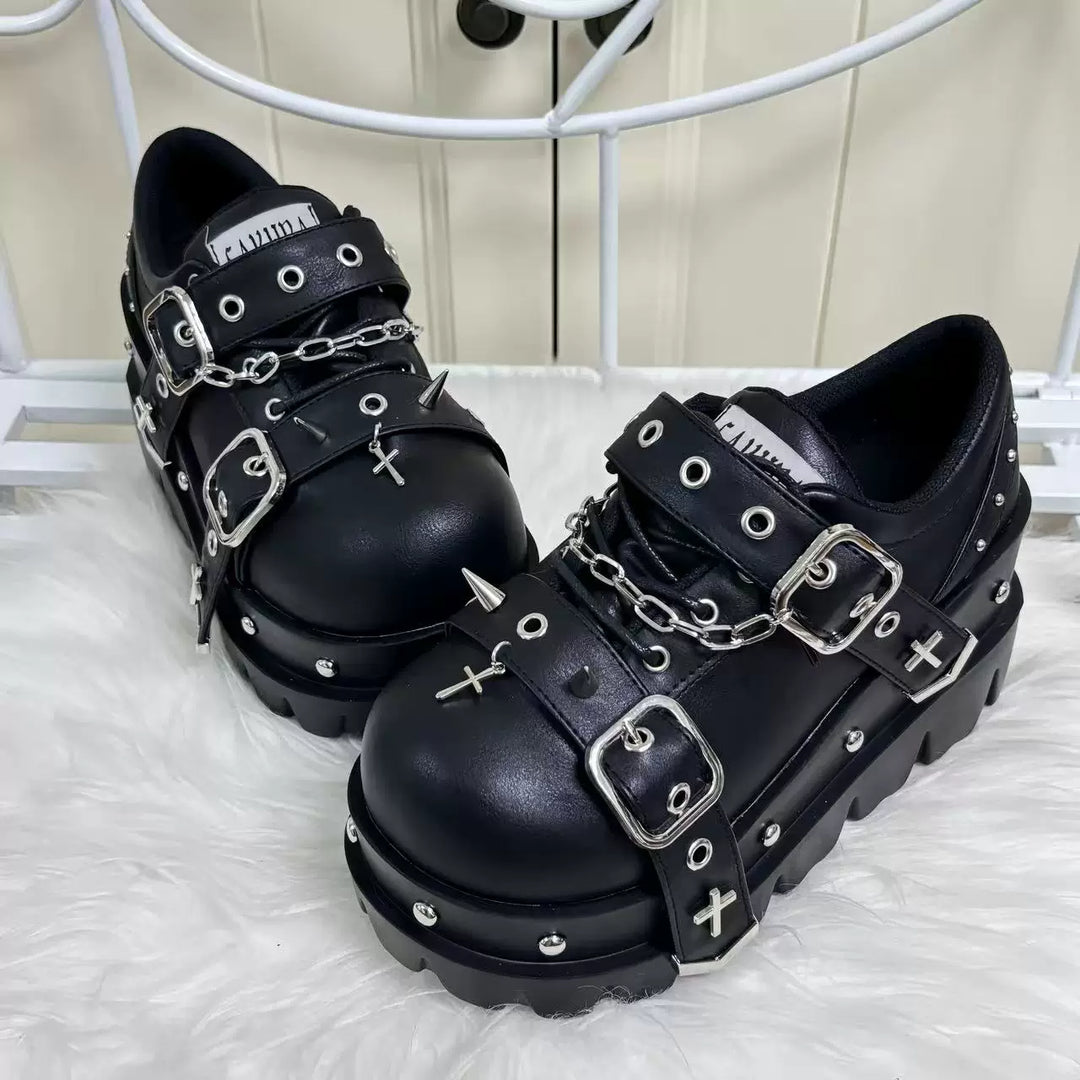 Gothic Black High Platform Shoes, Studs & Crosses 45285:845245