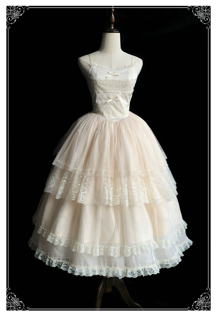 Classic Lolita Dress With Large Flounce Hem And Beige Puff Sleeves Shirt 38068:608720