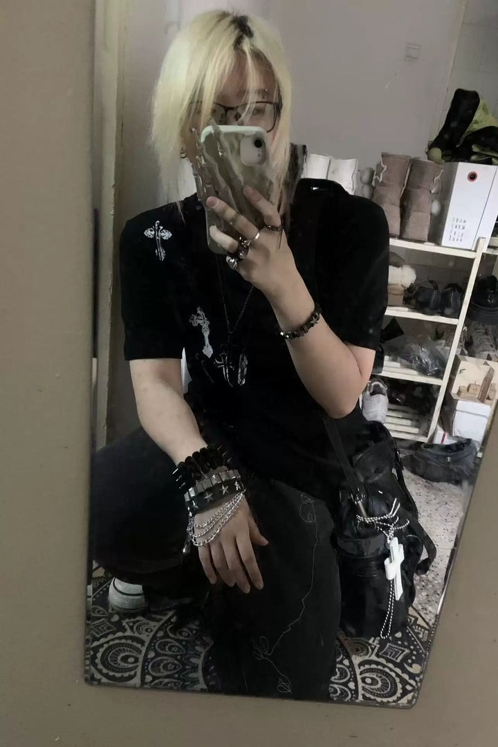 Cotton Subculture Cross Printed T-Shirt, Regular Shoulder 45696:859109