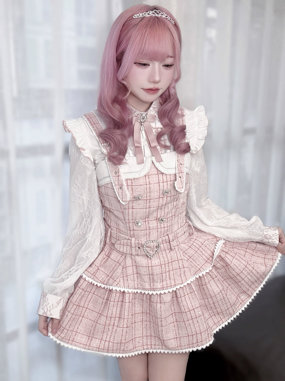 Tweed-like Jirai Kei Suspender Skirt, Matching Shorts 44178:799973