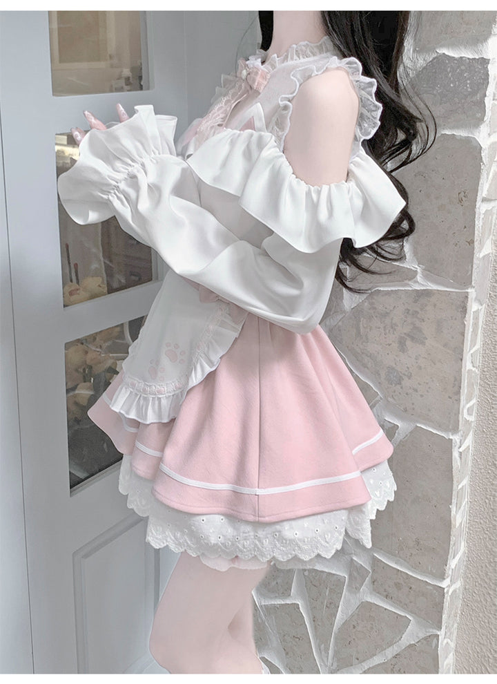 Jirai Kei Blouse Off-Shoulder Shirt Pink Skirt with Apron 42240:734731