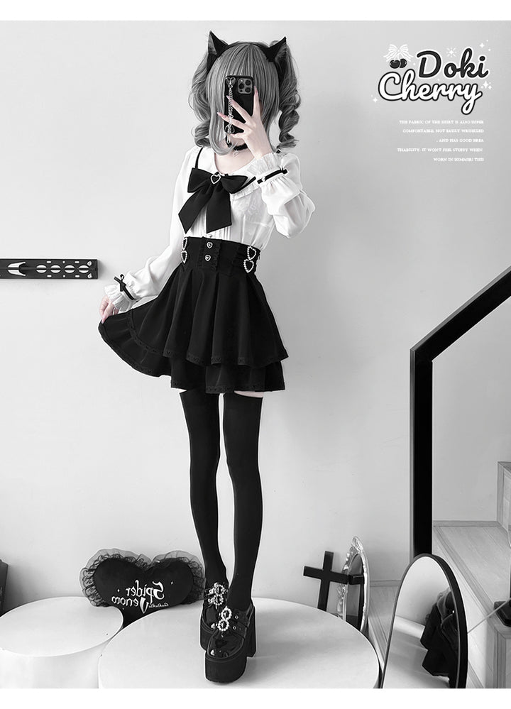 Jirai Kei Outfit A-Line Skirt and Long-Sleeved Blouse with Rhinestone Bow 42520:744271