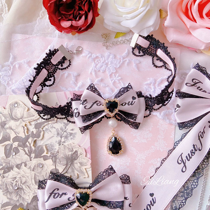 Jirai Kei Hairpins Black Pink Bow Ring Necklace Choker 28910:358366