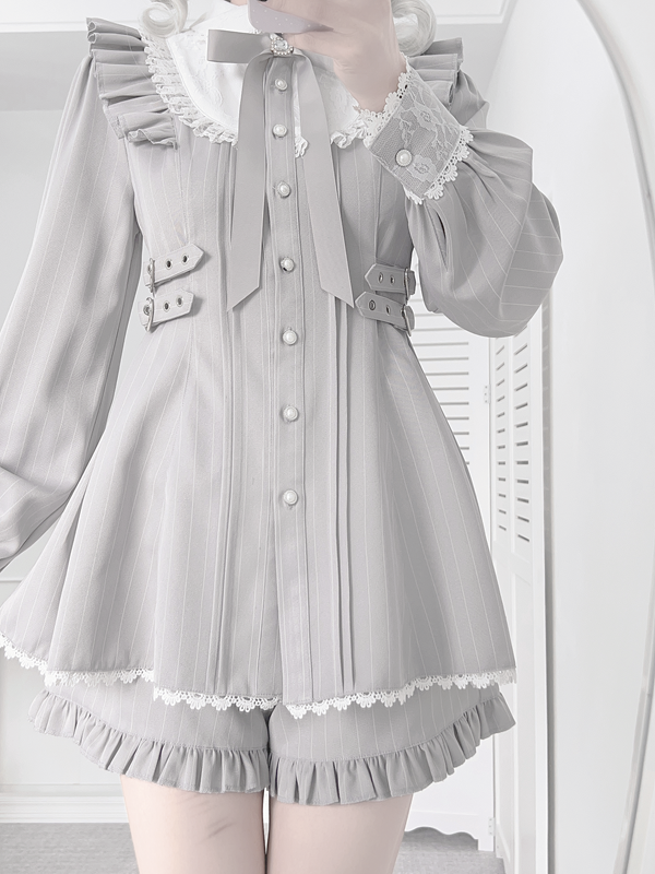Jirai Kei Striped Dress, Lace Trim and Ruffles 45369:848085