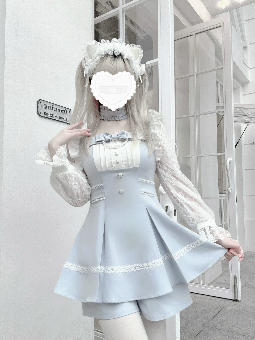 Ryousangata Lace Sleeves Dress, Pintucks and Pearl Chain (L M S XL) 45103:834971