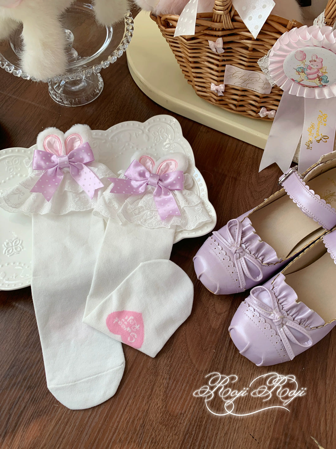 Sweet Lolita Mid-Calf Cotton Socks, Bunny Ears, Polka Dots 44712:819619