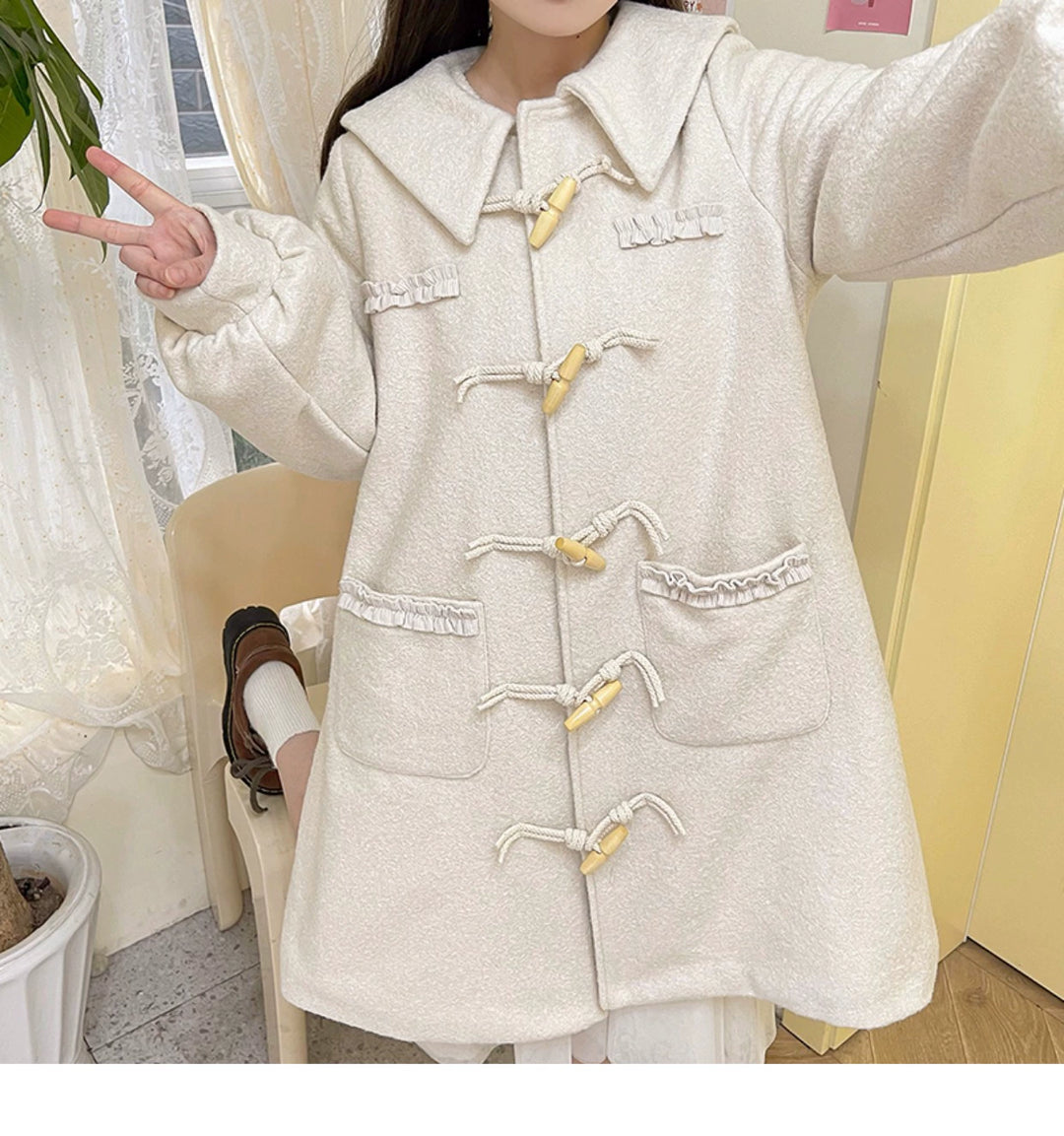 Kawaii Pink Yellow Beige Coat With Cow Horn Button 29450:347910 29450:347910