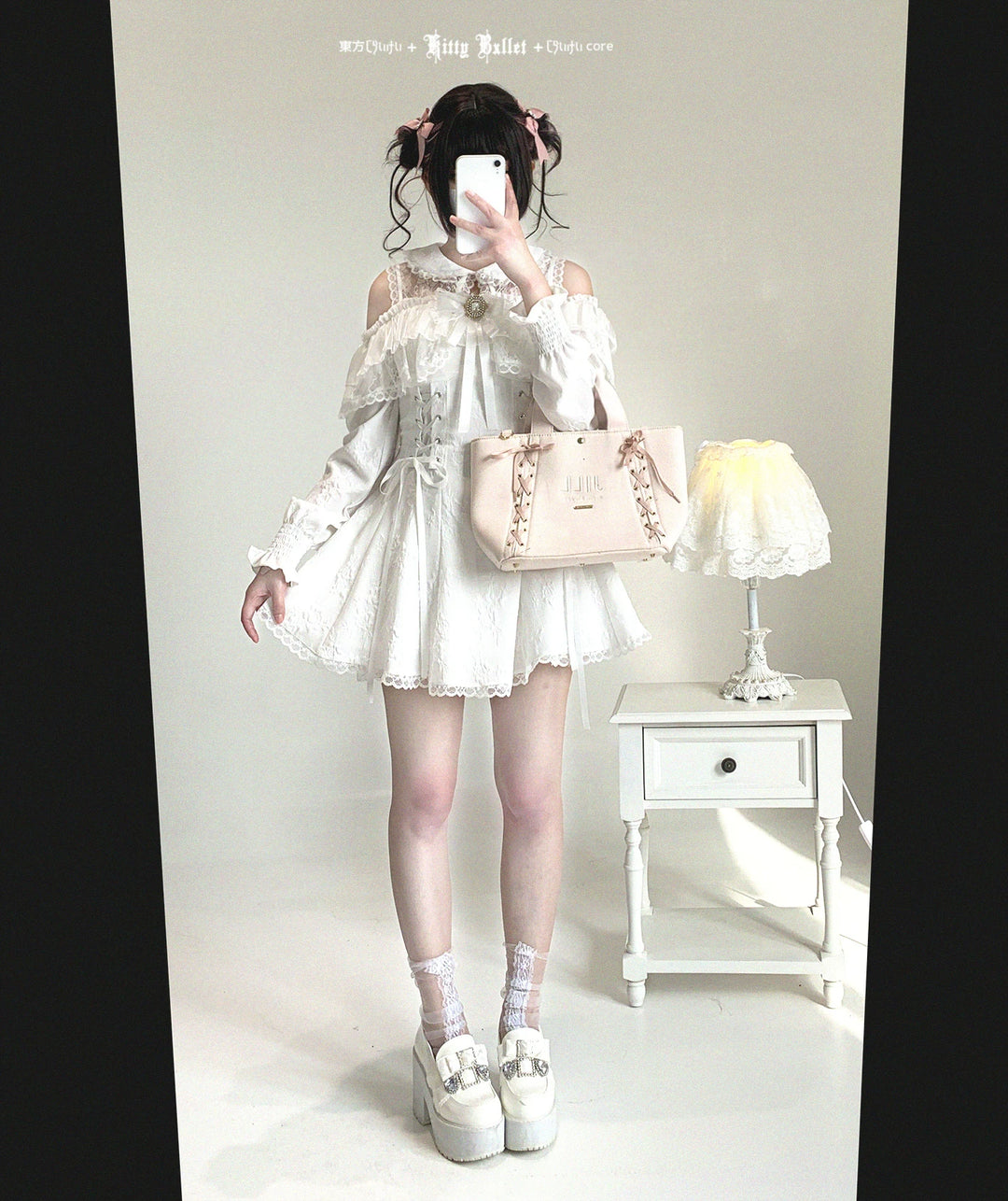 Jirai Kei Open-Shoulder Dress, Bust Lace Flounce Hem 44468:809904