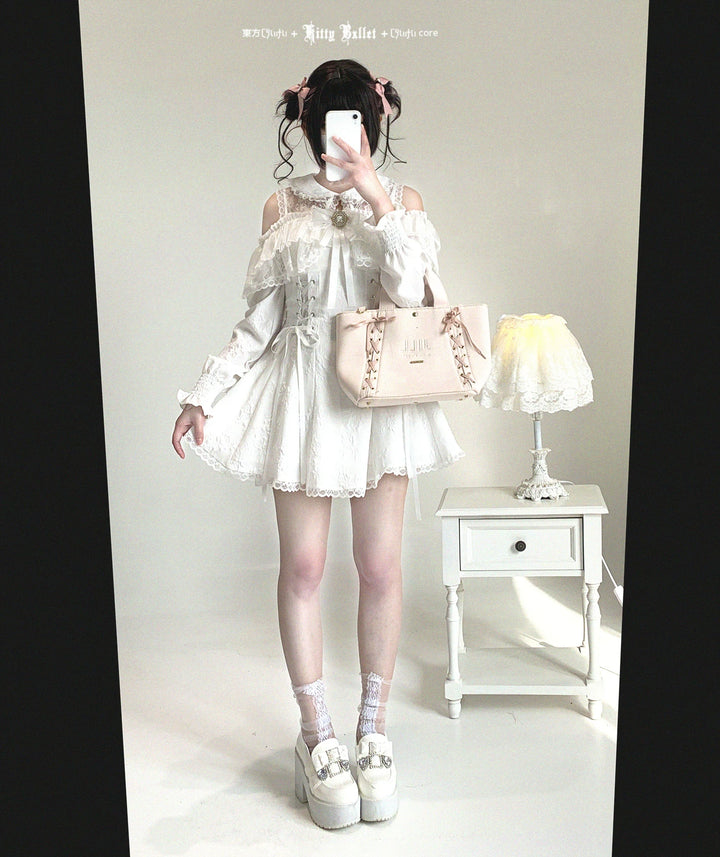 Jirai Kei Open-Shoulder Dress, Bust Lace Flounce Hem 44468:809904