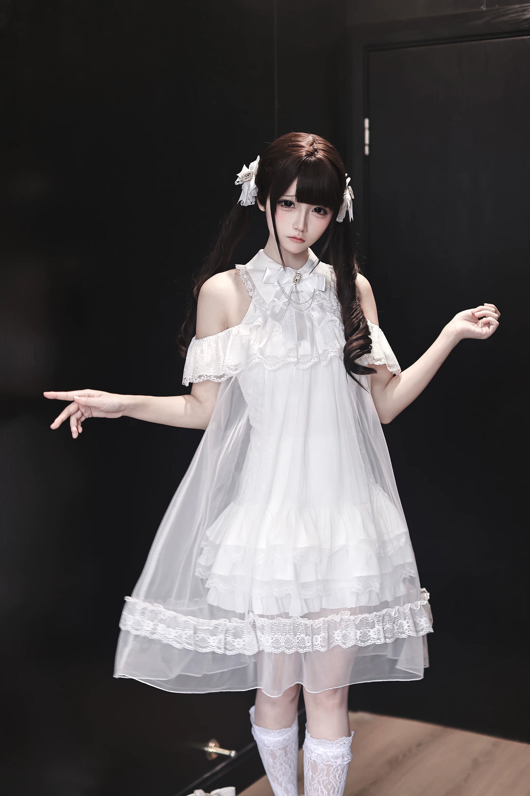 White Lace Open Shoulder Dress, Voile Outer Layered White Dress + Collar Bow Only / M
