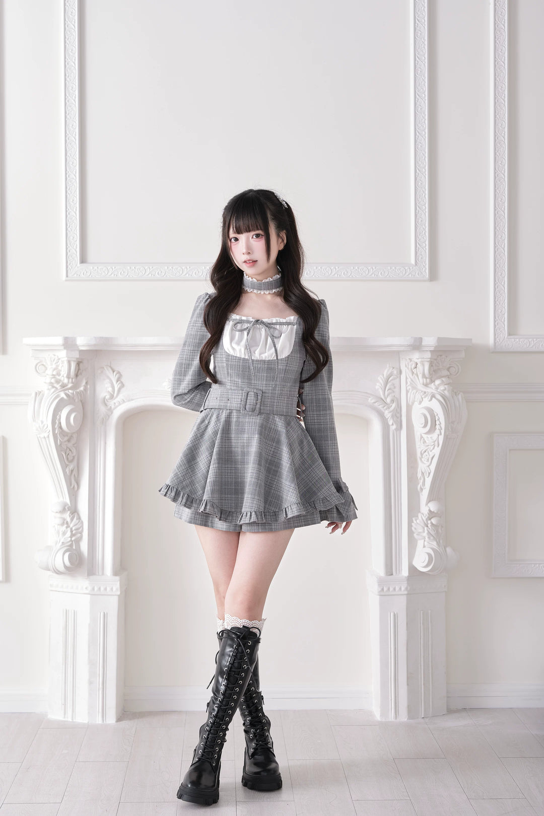 Jirai Kei Plaid Dress and Shorts Set, Lace Trim Choker 44689:819270