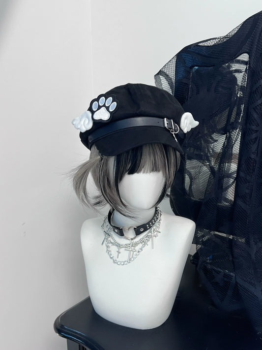 Jirai Kei Beret Black Cute Hat With Cat Claw Wing 38232:585612