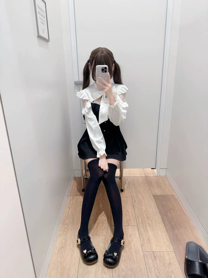 Seiso Kei Black and White Dress, Lace Shoulder 44073:795959