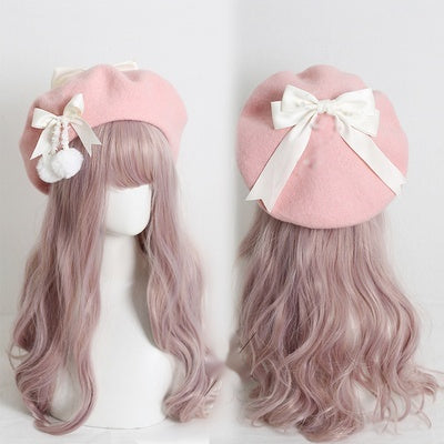 Japanese Lolita Felt Ball Bow Multicolored Hat Beret 28930:350678 28930:350678