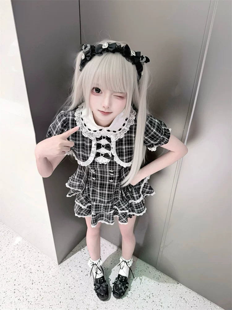 Plaid Jirai Kei Dress Set, Peter-pan Collar 45568:853320