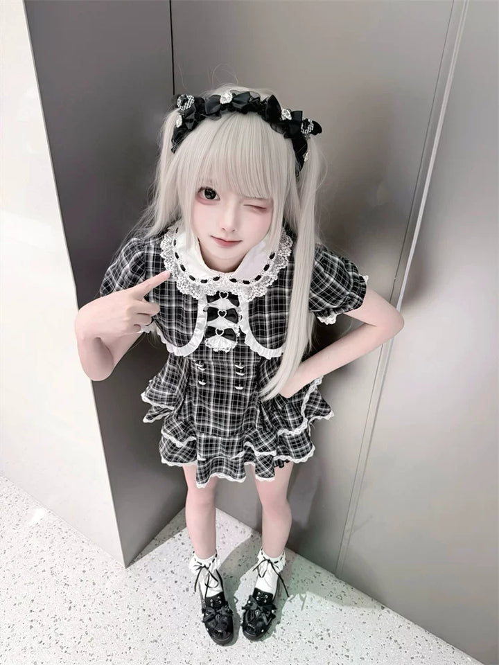 Plaid Jirai Kei Dress Set, Peter-pan Collar 45568:853320