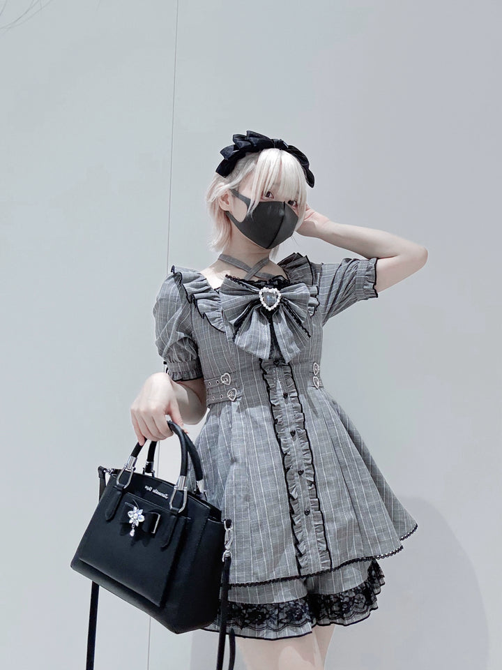 Plaid Jirai Kei Dress Set, Halter Neck, High Waist (L M S) 43555:779701