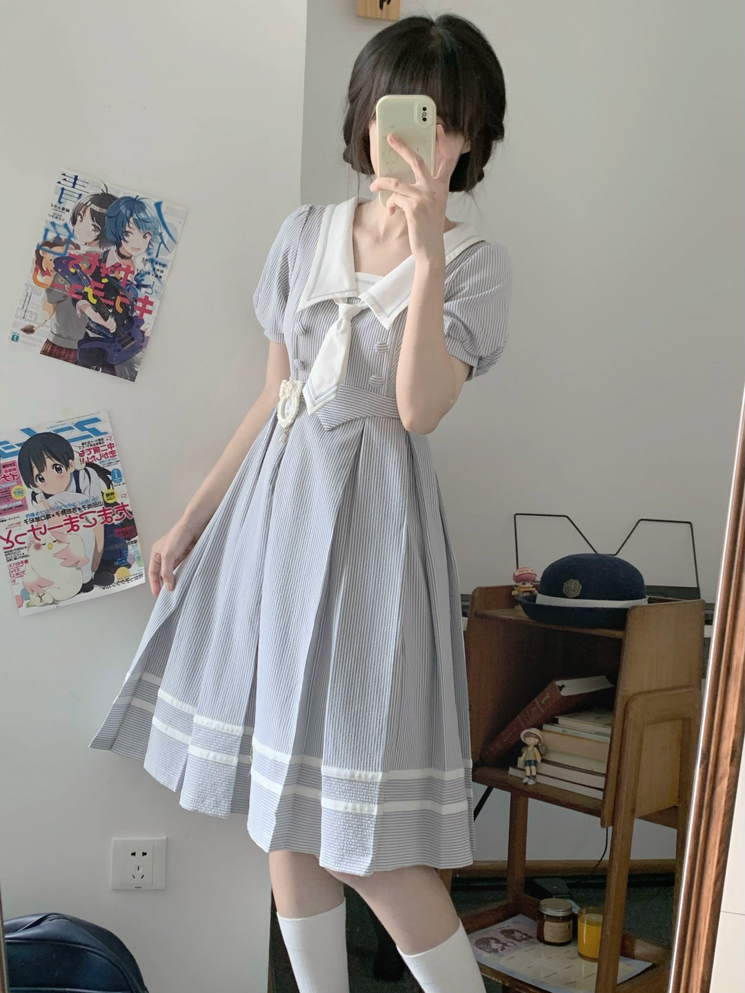 Summer JK Uniform Striped Dress, Sailor Collar 43627:781366