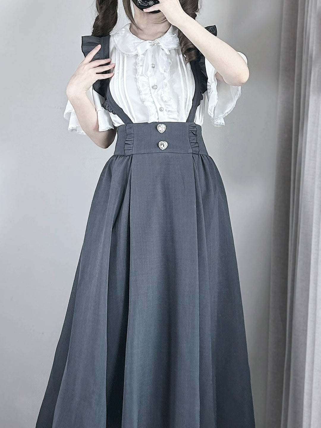 Solid Seiso Kei Suspender Skirt, Ankle Length 44166:798544
