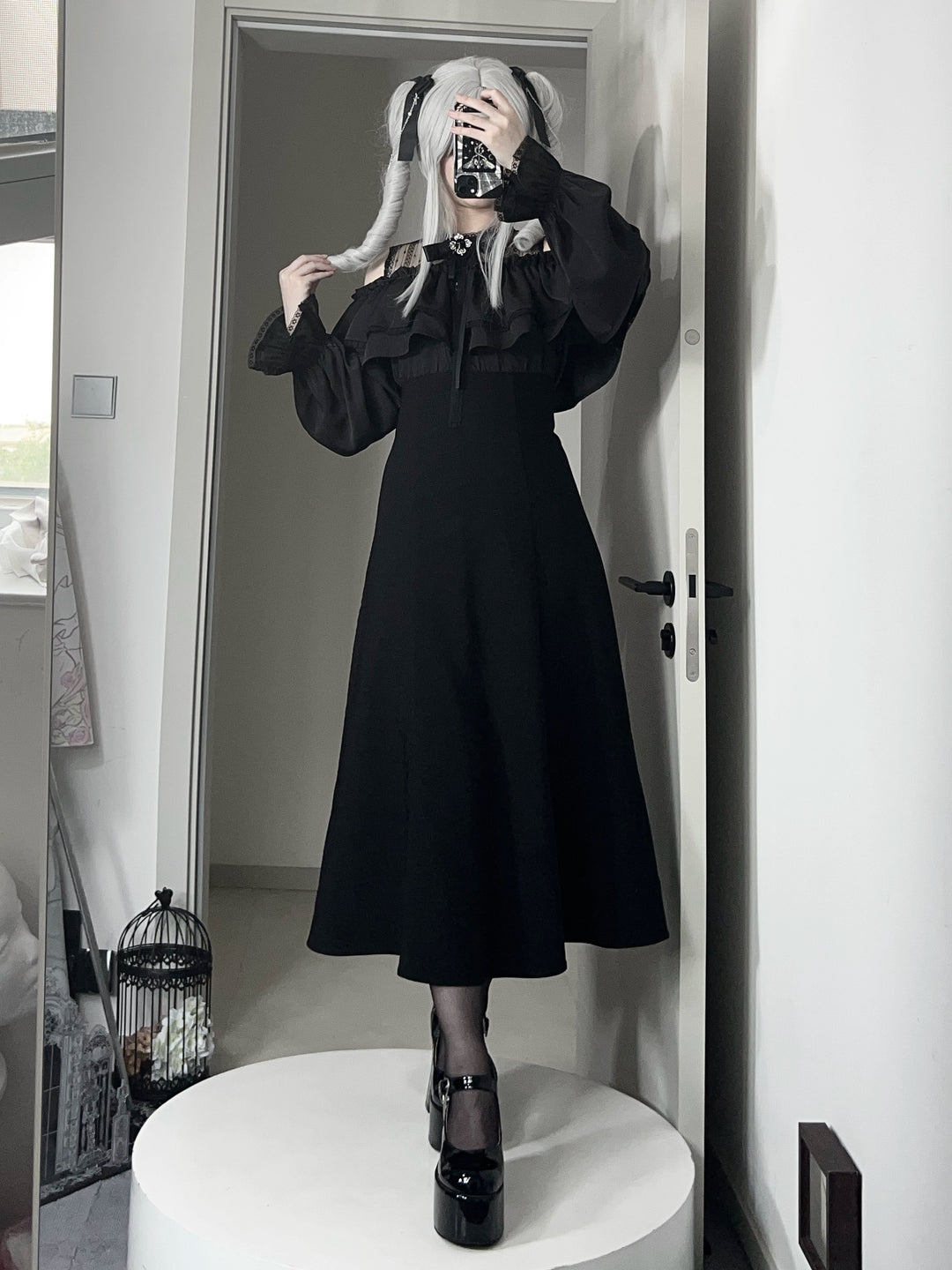 Gothic Black Open-Shoulder Long Dress (Black / L S) 44168:798404