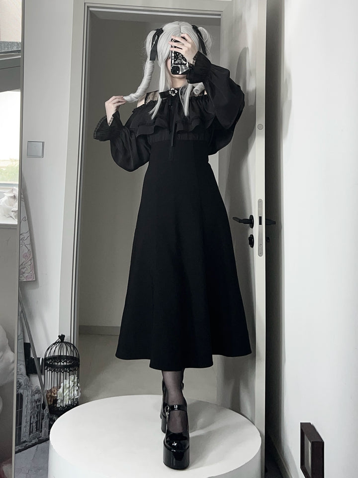 Gothic Black Open-Shoulder Long Dress (Black / L S) 44168:798404