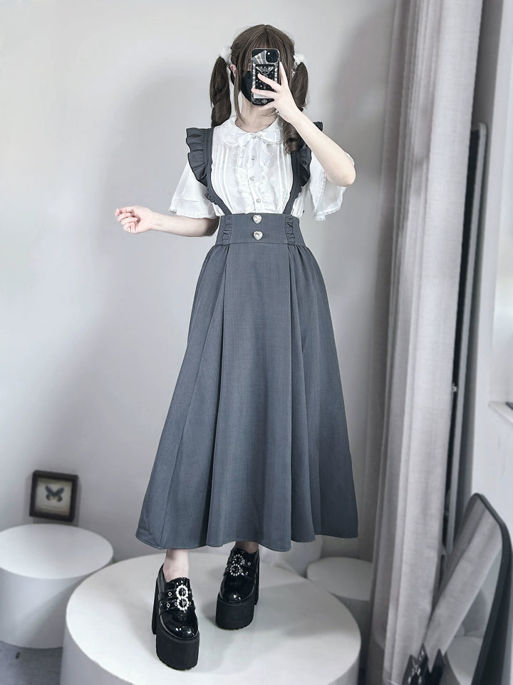 Solid Seiso Kei Suspender Skirt, Ankle Length 44166:798549