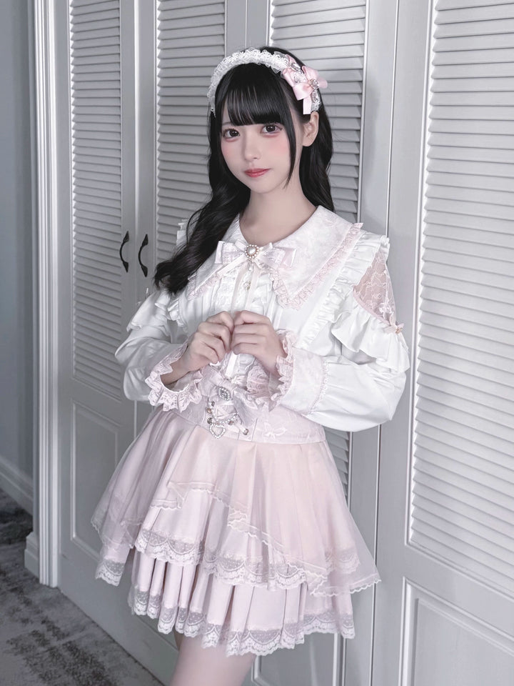 Jirai Kei Long Sleeve Blouse, Lace Open-Shoulder 44588:815035