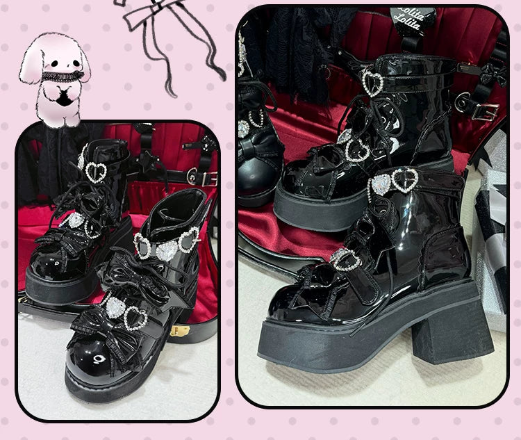 Jirai Kei Heeled Ankle Boots, Heart Rhinestone & Bows 45865:873129