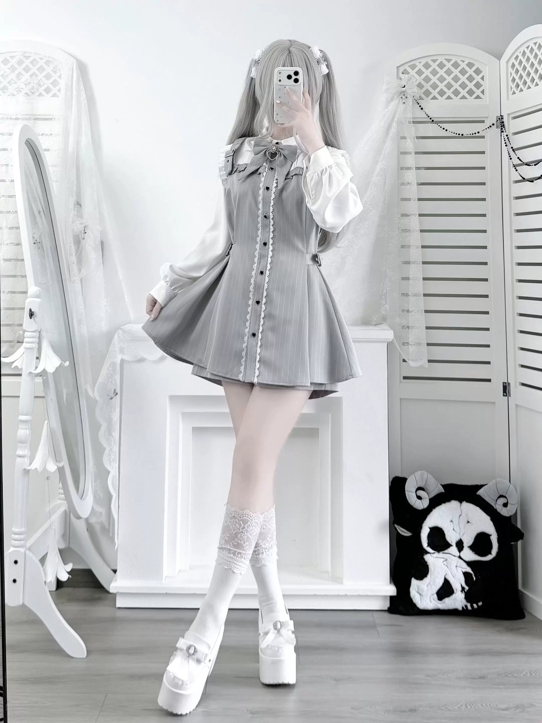 Jirai Kei Striped Dress, Contrast-color Long Sleeve 45795:865656