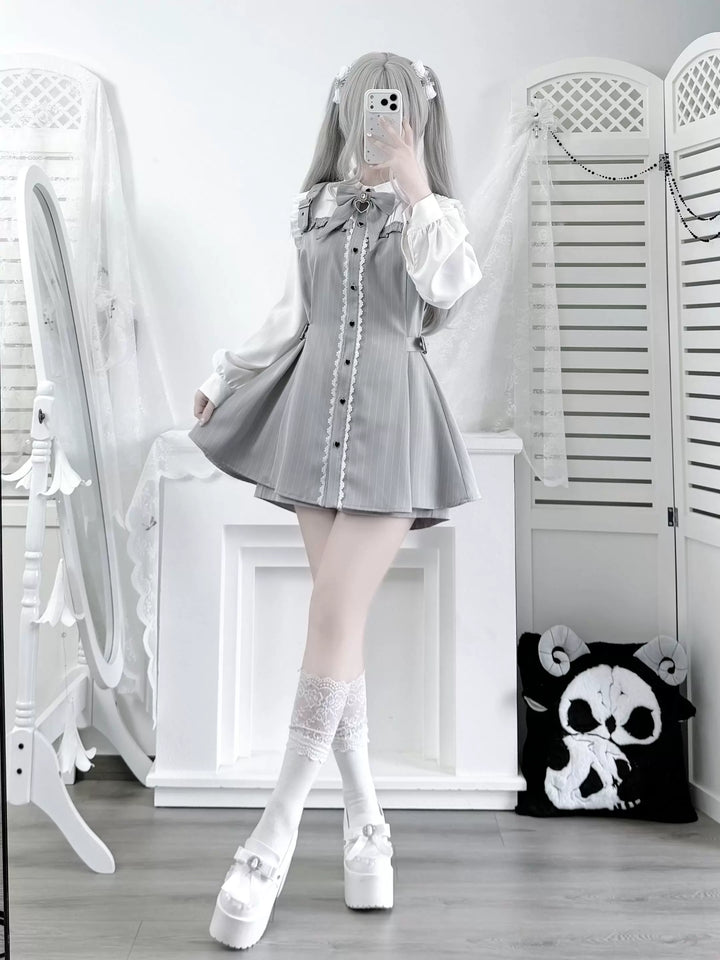 Jirai Kei Striped Dress, Contrast-color Long Sleeve 45795:865656