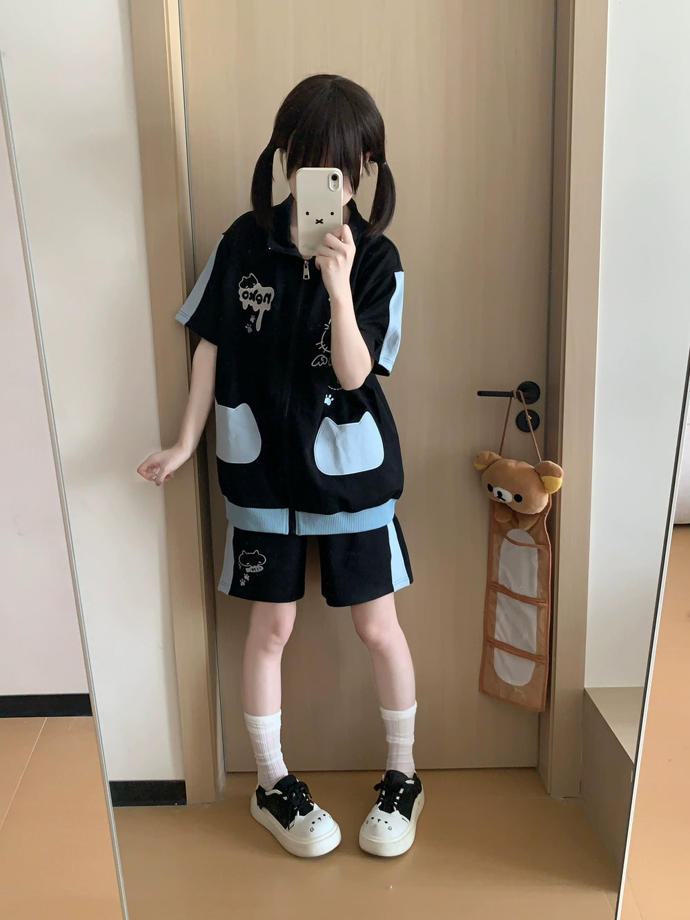 Cat Printed Kawaii Outfit, Zip Up Sweatshirt + Pocketed Shorts 43561:779965