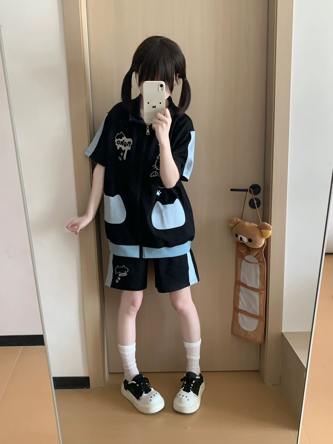 Cat Printed Kawaii Outfit, Zip Up Sweatshirt + Pocketed Shorts 43561:779965
