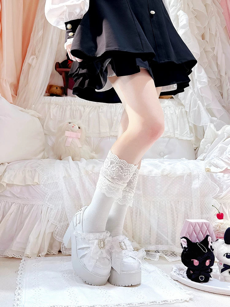 Black/White Jirai Kei Platform High Heel Shoes, Lace Bow 45952:872998