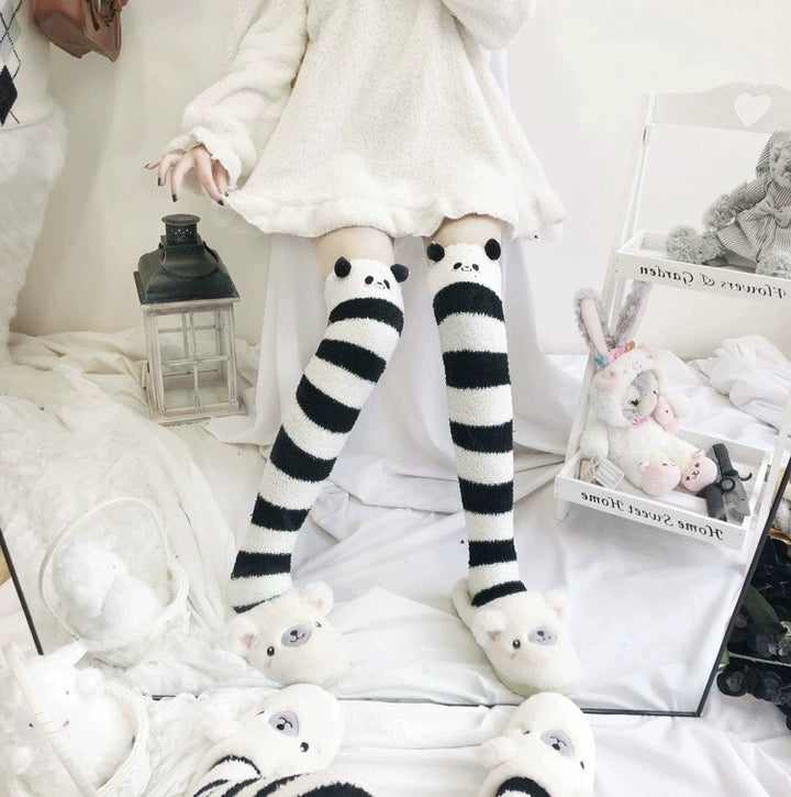 Y2K Socks Black Plush Leg Warmers Striped Knee Socks 39750:640748